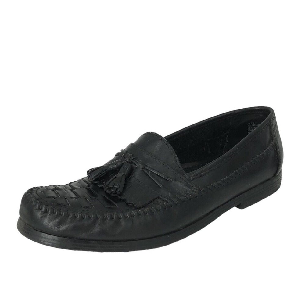 Earth Shoe Alan Mens Black Leather Woven Moc Loafer Kiltie Tassel Sz 10M Comfort